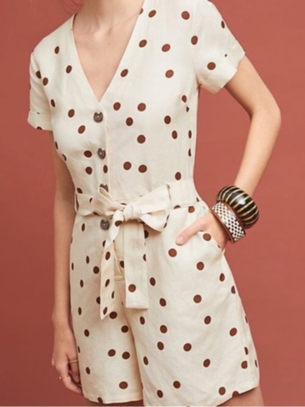 Anthropologie Moon River Polka Dotted Tie Romper with pockets linen blend